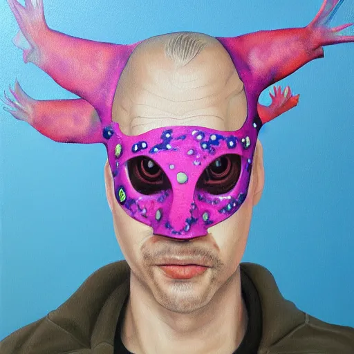 Prompt: man wearing axolotl mask. detailed painting by derek riggs.