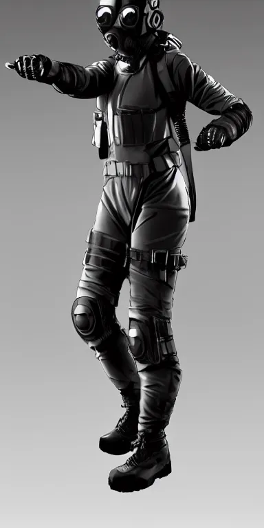 Prompt: full body cinematic shot of a time traveling intelligence agent in a black and greyscale sealed continuity suit, simple and functional with gaiter-style gas mask, resembling splinter cell + metal gear solid by artgerm and wlop