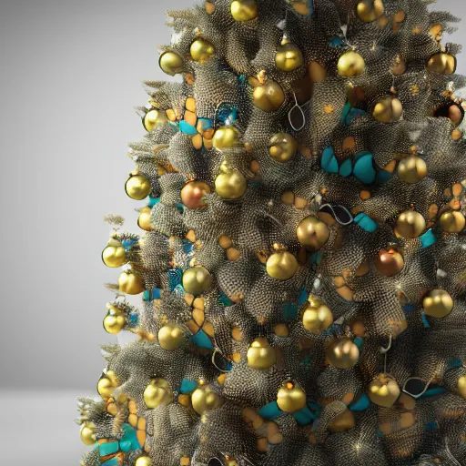 Prompt: a highly detailed photographic render of a christmas tree decorated with baubels made of cheese, octane 3d render, beautifully lit