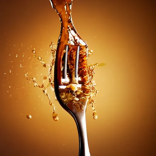 Image similar to honey splashing on fork, hyper realistic, award winning slow - motion food photography