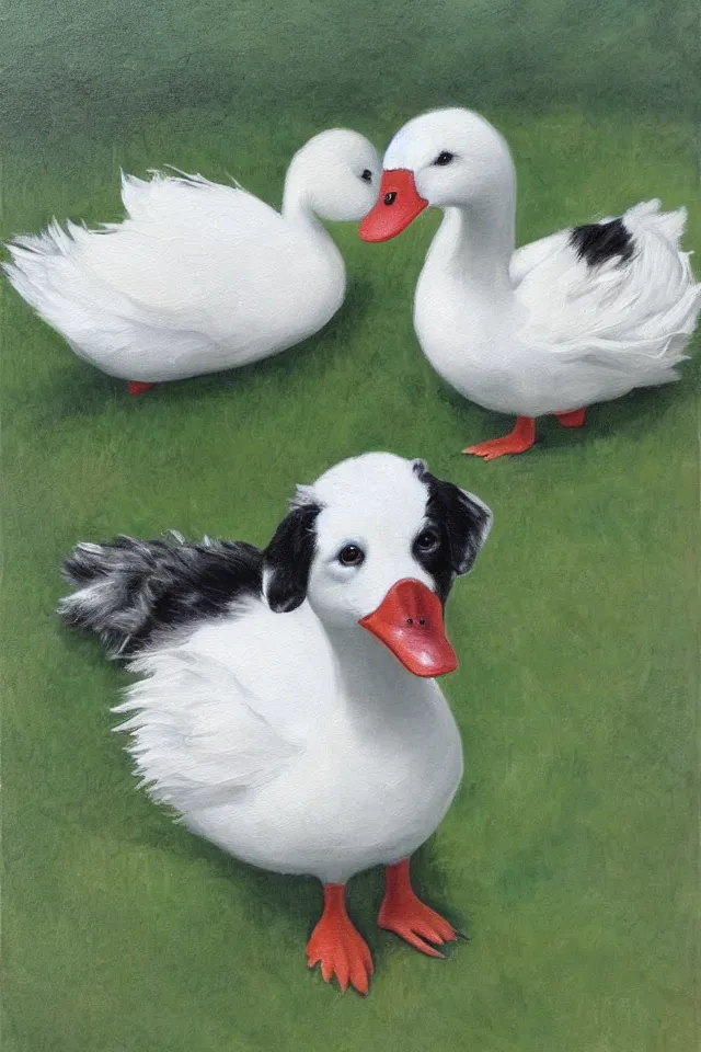 Prompt: painting of a cute white duck and a merle border collie