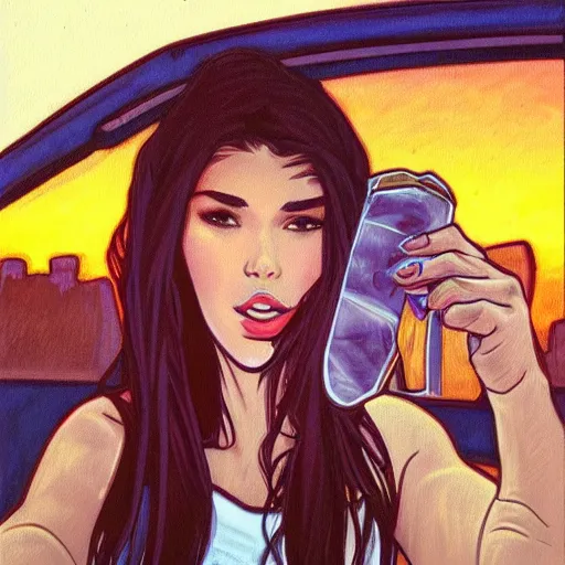 Image similar to Madison Beer drinking beer in the parking lot, realistic, sunset 😂😂😂☺️☺️☺️, in the style of Artgerm and Alphonse Mucha