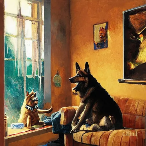 Image similar to a humanoid german shepherd beast - man, sitting and watching a soccer match in his house on television, he has hurt his knee and is a dad, by erin hanson, alexi zaitsev, karl spitzweg, award winning, tv set