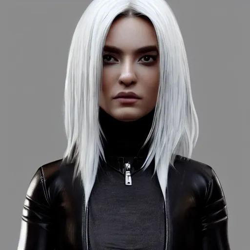 Image similar to a full body portrait of a female wearing a skintight leather jacket long white hair, trending on artstation, artstationhd, artstationhq, full body shot, cycles render, octane render, unreal engine, detailed body, detailed face, artwork by tooth wu and wlop and beeple and greg rutkowski