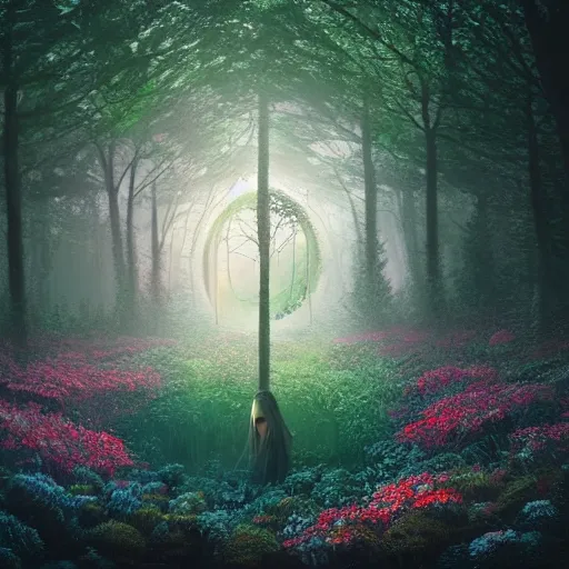 Prompt: a painting of a forest with flowers inside a circle, digital art by mike winkelmann, shutterstock contest winner, fantasy art, mystical, reimagined by industrial light and magic, enchanting