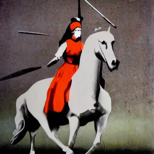 Prompt: tangerine calm by laszlo moholy - nagy, by banksy. a photograph of a heroine riding on a magnificent red horse. traditional russian folk costume & headscarf. pale & beautiful, resolve in her eyes. horse's hooves churn up earth as they gallop, dark forest looms.