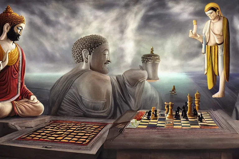 Prompt: A very detailed surreal fantasy painting of the Buddha playing chess against Jesus by Manjit Bawa, trending on artstation, 4k.