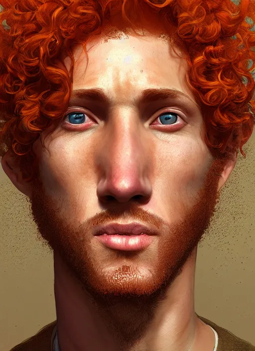 Image similar to portrait of a curly orange hair man, au naturel, hyper detailed, digital art, trending in artstation, cinematic lighting, studio quality, smooth render, unreal engine 5 rendered, octane rendered, art style by klimt and nixeu and ian sprigger and wlop and krenz cushart.