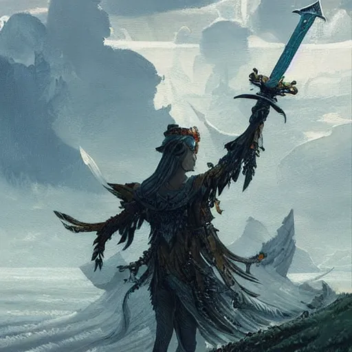 Prompt: a landscape resembling the ace of swords tarot card by greg rutkowski, detailed and intricate hd painting