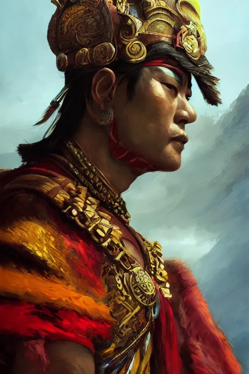 Image similar to Tibetan warrior, portrait, fierce, intricate, elegant, volumetric lighting, scenery, digital painting, highly detailed, artstation, sharp focus, illustration, concept art, ruan jia, steve mccurry