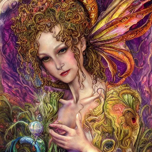 Image similar to portrait of a scorpion fairy, fantasy, magic realism, whimsical, horror, art by josephine wall and and hr geiger and chengwei pan and amanda sage, intricately detailed, highly detailed, luxurious, elegant, clean, unsettling, trending on artstation