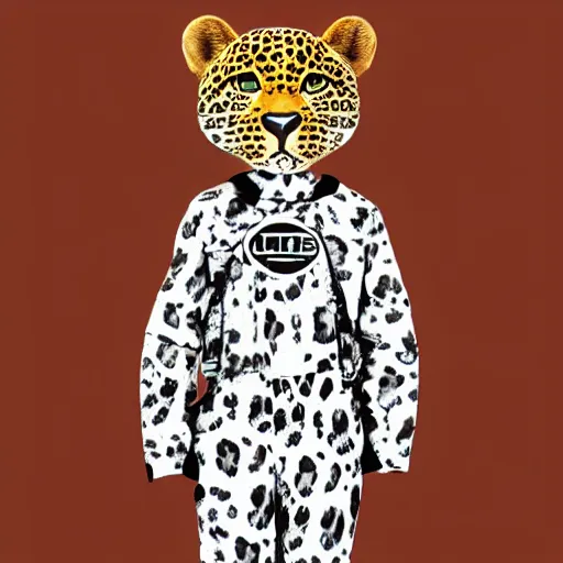 Image similar to cute teenage anthropomorphic leopard wearing a form - fitting space suit