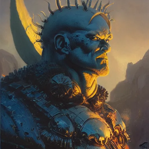 Prompt: head and shoulders portrait of an armored fire giant, d & d, fantasy, greg rutkowski, frank frazetta, alexandre chaudret, boris vallejo, michael whelan, miro petrov, magali villeneuve, donato giancola