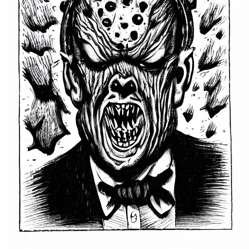 Image similar to a Pop Wonder scary horror themed goofy-hilarious-swamp-bog-monster-spaced-out-dead-head-with-space-in-his-oraphus, 3-piece-suit, dime-store-comic drawn with charcoal and pen and ink, half-tone-line-stacking