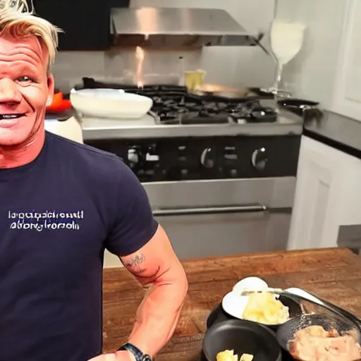 Image similar to gordon ramsay smiling ear to ear after making a dog dish