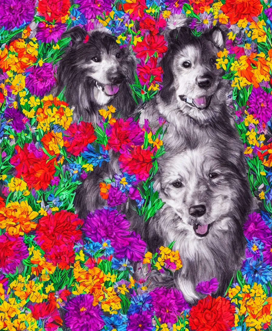 Prompt: portrait of a majestic princess, drawn with a wide variety of colorful flowers