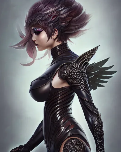 Image similar to 3 / 4 view of woman with metal wings, pixie character, genshin impact, intricate, elegant, sharp focus, illustration, highly detailed, concept art, matte, artgerm, anime, trending on artstation