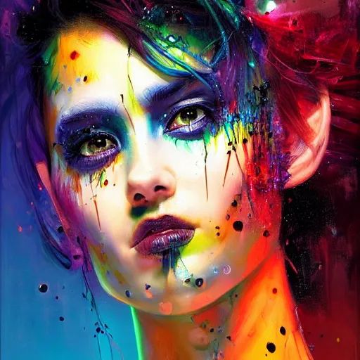 Prompt: cyberpunk goddess, symmetrical face, black hair, side portrait, striking, defiant, spotlight, vibrant colors, paint splash, beautiful eyes, by marco paludet and gianni strino and marion bolognesi