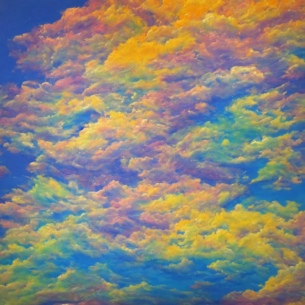 Image similar to large different coloured clouds painted in 2 inch thick!!! impasto shiny dripping oil paint