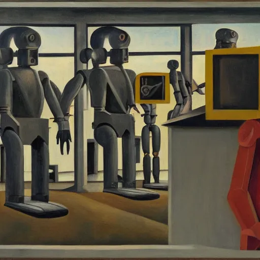 Image similar to drab slave human workers building robots, watched by fascist robots, brutalist factory, dystopian, pj crook, edward hopper, oil on canvas