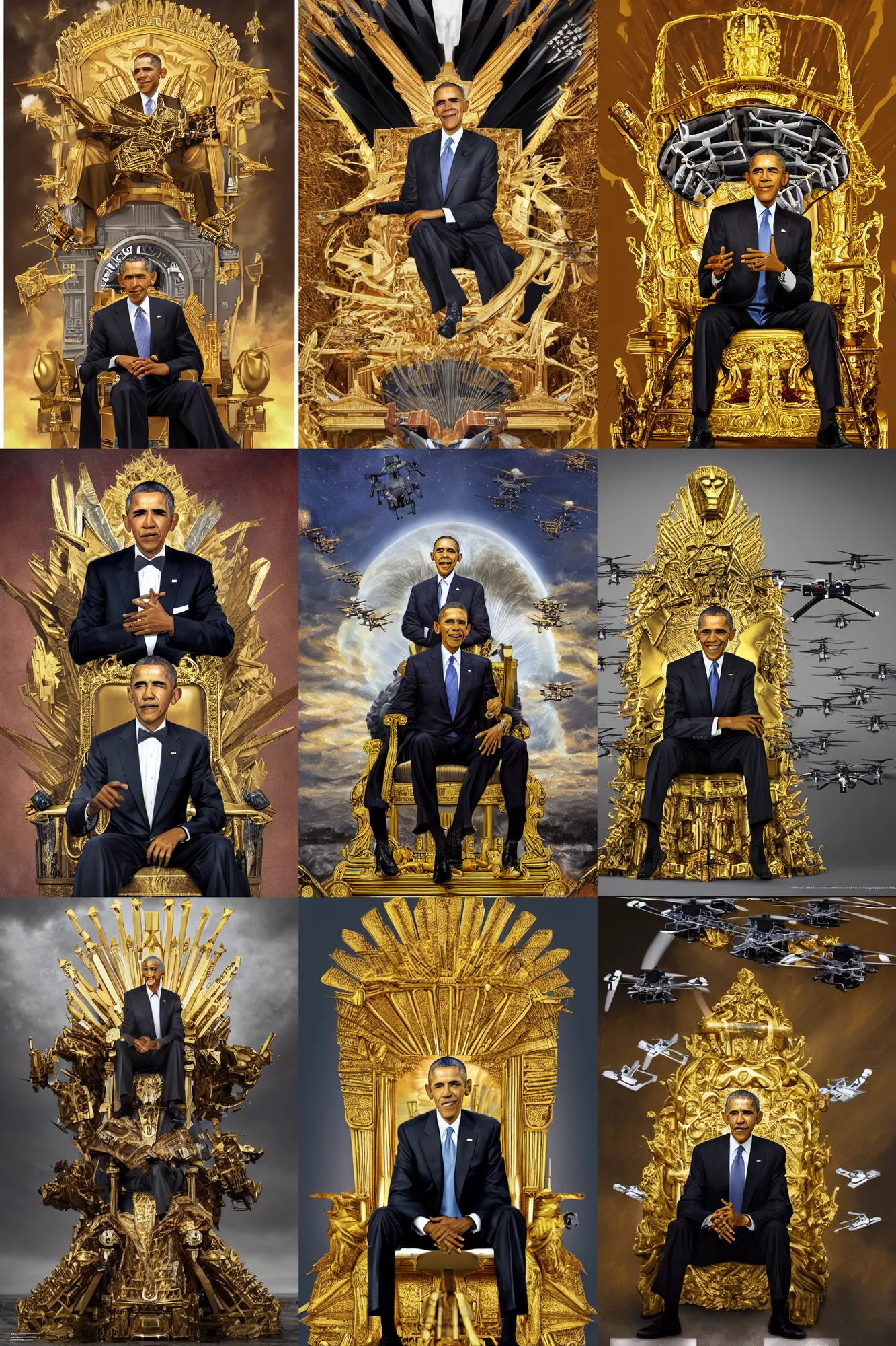 Prompt: concept art portrait of Barack Obama The Drone King sitting on a golden throne with MQ-1 Predator Drones (military) flying out from under it, Copyright TIME Magazine, (EOS 5DS R, ISO100, f/8, 1/125, 84mm, modelsociety, prime lense), By Ruan Jia and Stanley Artgerm, Range Murata and WLOP and Ross Tran and William-Adolphe Bouguereau. Key Art. Fantasy Illustration. award winning, Artstation, intricate details, realistic, Hyperdetailed, 8k resolution.