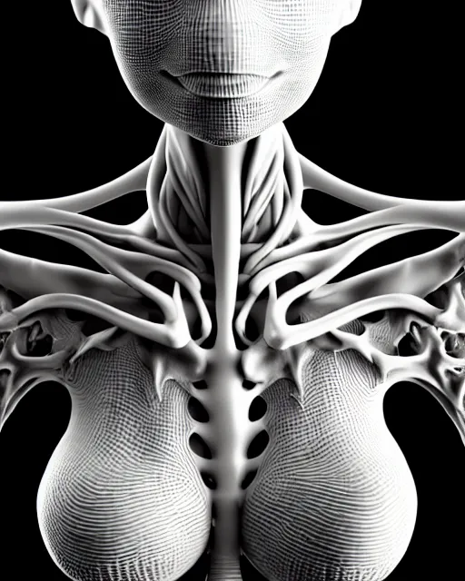 Image similar to a black and white 3D render of a young beautiful female angelic-dragon-cyborg bust with a very long neck, 150 mm lens, Mandelbrot fractal, anatomical, flesh, facial muscles, veins, arteries, full frame, microscopic, elegant, highly detailed, flesh ornate, orchids, cable wires, elegant, high fashion, rim light, octane render, in the style of H.R. Giger and Man Ray, Realistic, Refined, Digital Art, Highly Detailed, Cinematic Lighting, rim light, black and white, photo-realistic, 8K