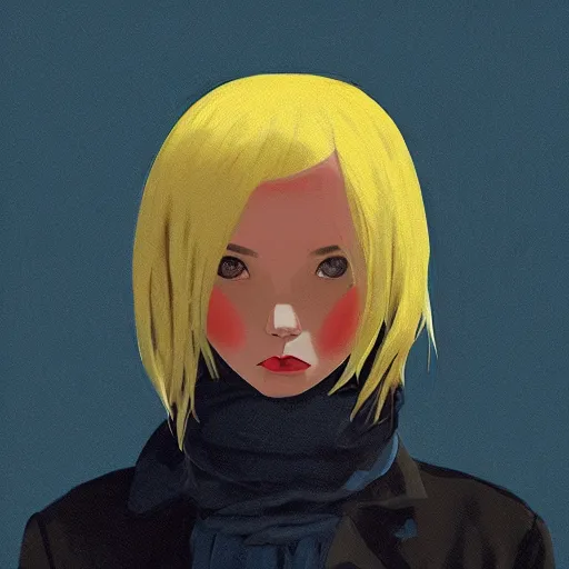 Image similar to ilya kuvshinov with long sky blue hair, gold eyes, amber eyes, boyish face, professional digital painting, concept art, award - winning photography, cinematic, brick wall background, fur scarf, crazy, yandere, wlop, color block, pop, hip, art by andy warhol, pixiv art, yoshitaka amano