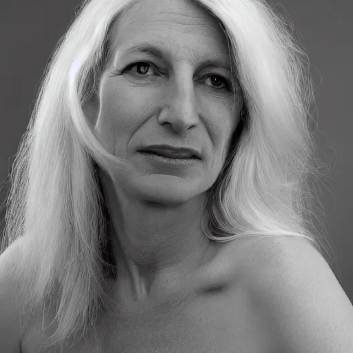 Prompt: black and white portrait of a blonde woman by annie leibovitz in 4 k ultra high resolution and with medium shot photo