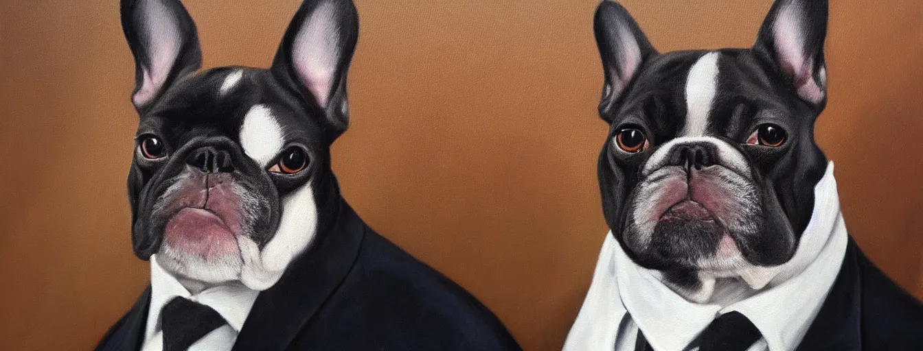 Image similar to oil painting of a french bulldog wearing businessman attire