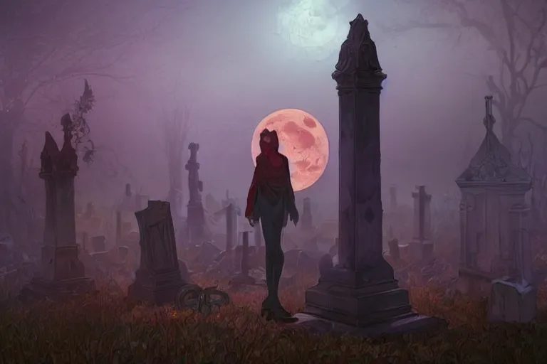 Image similar to an ultra detailed animation of a glowing apparition in a graveyard at midnight on halloween, digital art, dark fantasy, concept art, soulslike, by alphonse mucha, blood moon eclipse, ruined building in the background, artstation, 8 k, unreal engine render