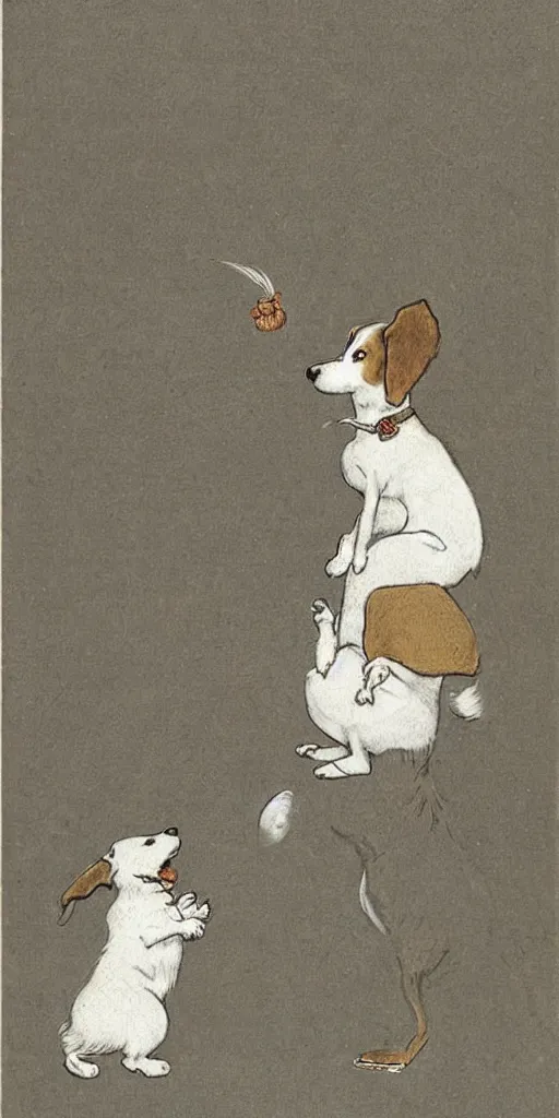 Image similar to jack russel dog looking up, silhouette, highly detailed illustrated by peggy fortnum and beatrix potter and sir john tenniel