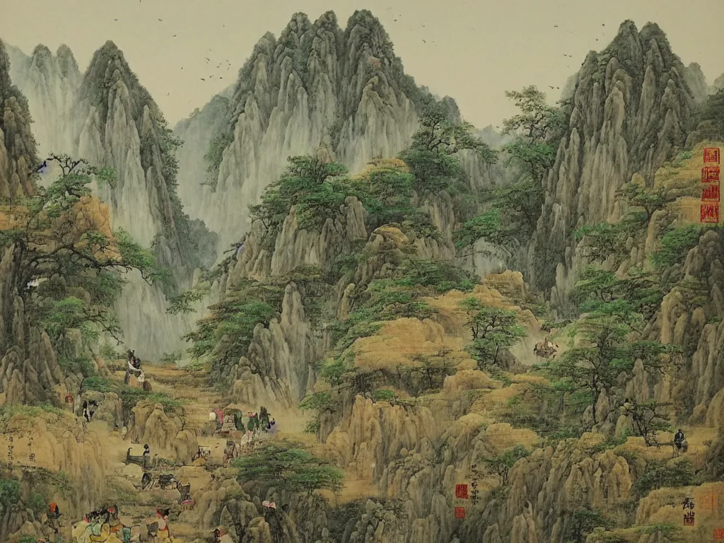 Prompt: landscape painting by shenzhou 沈 周, mountains, karst, waterfalls, peasants working, farm animals, ox, long stairs through the hills, ponds