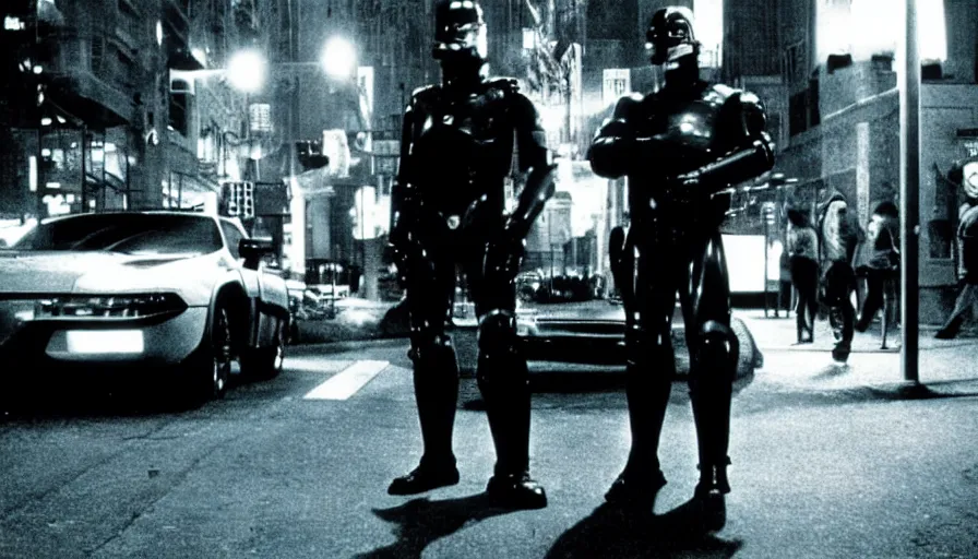 Image similar to peter weller in robocop costume, standing under a street lamp at night in downtown future detroit. leaning against a futuristic police car. criterion collection, movie still. 7 0 mm. imax. film.