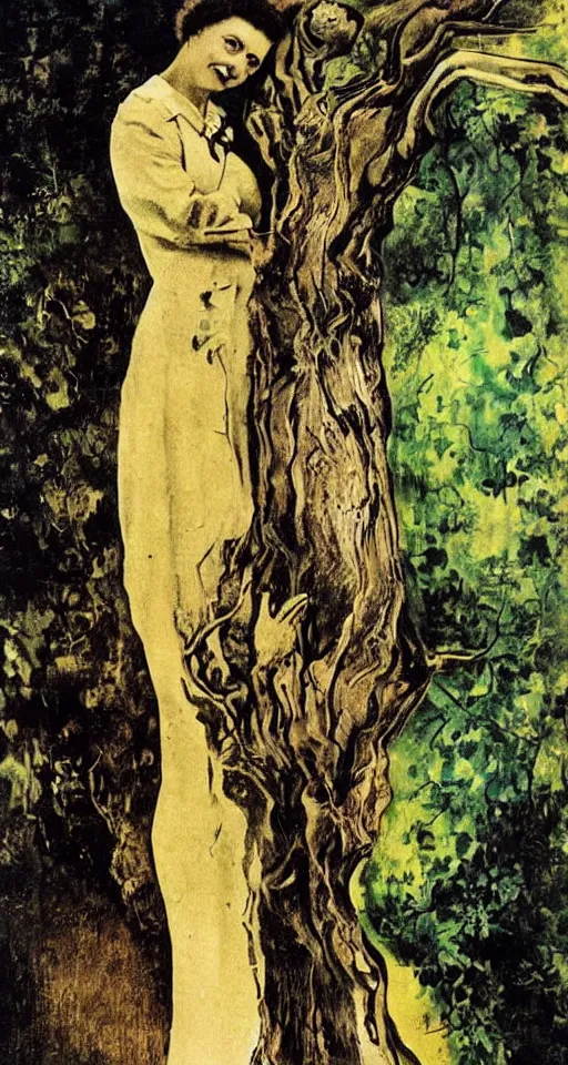 Image similar to Marie Curie hugging a tree by Salvador Dalí