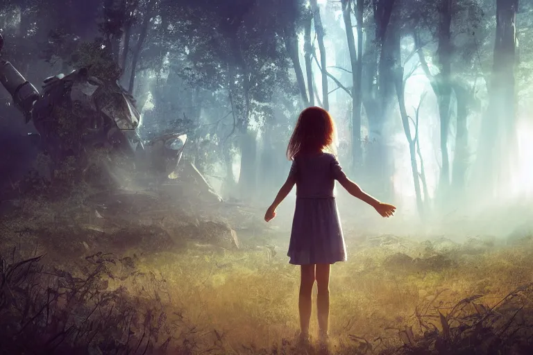 Image similar to the great beyond, sci - fi scene future new york, little girl holding a hand of a big robot, forest punk, crepuscular rays, epic scene, hyper realistic, photo realistic, overgrowth, cinematic atmosphere, ethereal lighting, style of john - waterhouse