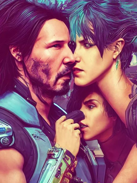 Image similar to a cyberpunk 2077 couple portrait of Keanu Reeves and V, ,love story,film lighting,by laurie greasley,Lawrence Alma-Tadema,William Morris,Dan Mumford,trending on atrstation,FAN ART,full of color,Digital painting,face enhance,highly detailed,8K, octane,golden ratio,cinematic lighting