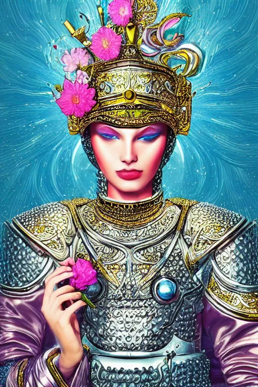 Image similar to pearlescent retrofuturistic digital airbrush illustration of a knight wearing an ornate chrome headpiece and holding a flower with a landscape and sky in the background by luigi patrignani