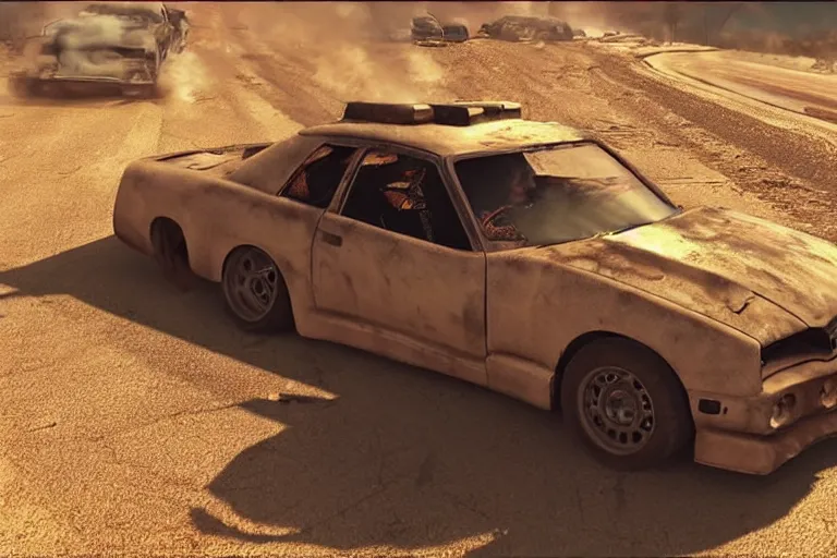 Prompt: Jeff Bridges driving in Mad Max Road Warrior, rusted, cobbled together Nissan R34 GTR, screenshot, cinematic Eastman 5384 film