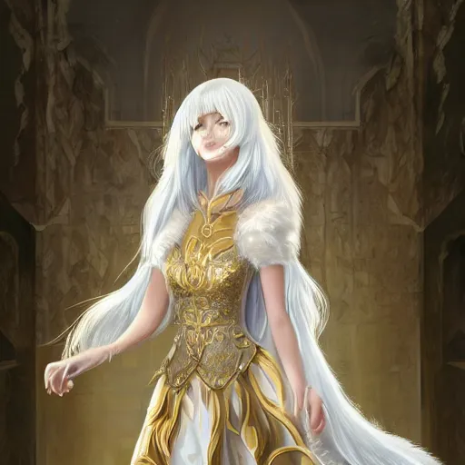 Image similar to commissioned full body portrait of a female anthro wolf princess fursona with white hair wearing a white and gold dress in a white and gold palace, by Wlop and jerry park, artstation, detailed