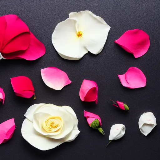 Image similar to various kinds of separate rose petals, botanical illustration, white background, 8 k