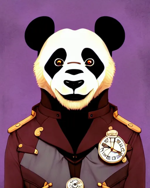 Image similar to don bluth, loish, artgerm, joshua middleton, steampunk, clockpunk anthropomorphic panda, full sailor suit, symmetrical eyes symmetrical face, colorful animation forest background