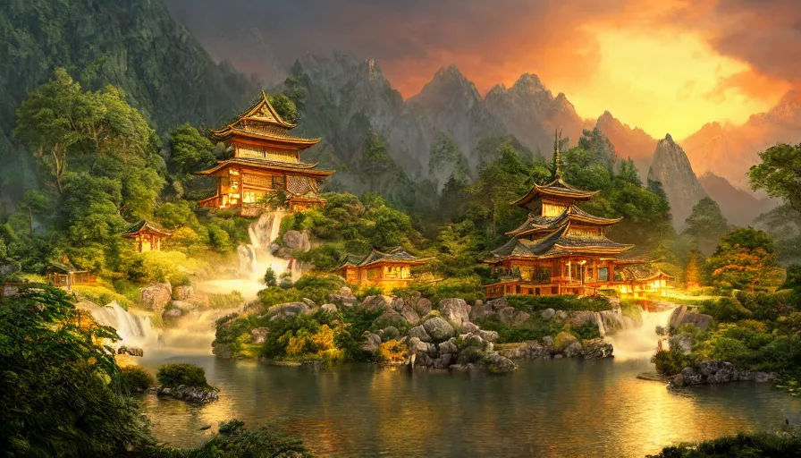 Image similar to rivendell with japanese pagodas built in the mountains with waterfalls and forest at the foot of green gigantic mountains at sunset, fireplace, hyperdetailed, artstation, cgsociety, 8 k