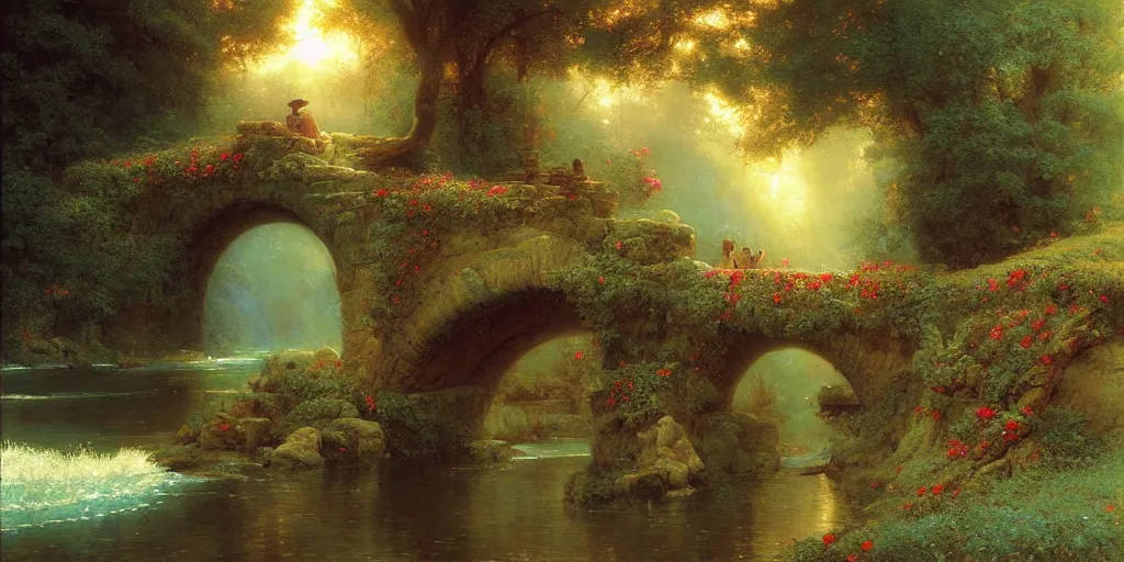 Prompt: River portal by Marc Simonetti and Delphin Enjolras and Pierre Auguste Cot