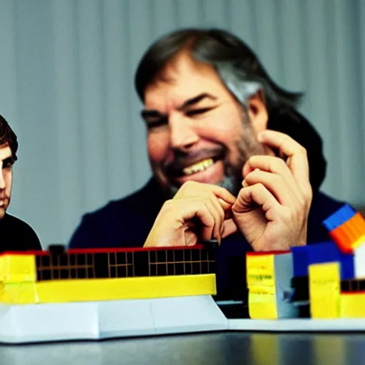 Image similar to steve jobs and steve wozniak inventing apple ii, lego set,