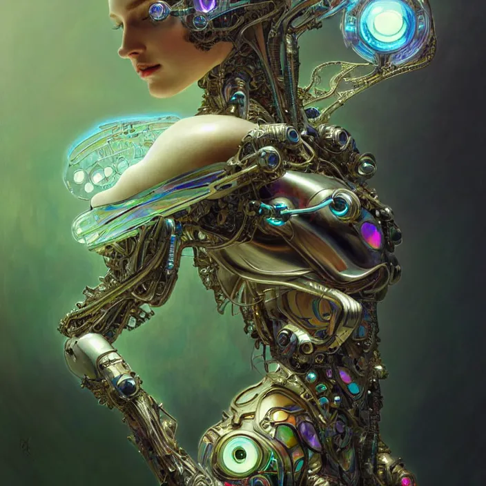 Image similar to organic cyborg, iridescent bettle, diffuse lighting, fantasy, intricate, elegant, highly detailed, lifelike, photorealistic, digital painting, artstation, illustration, concept art, smooth, sharp focus, art by john collier and albert aublet and krenz cushart and artem demura and alphonse mucha