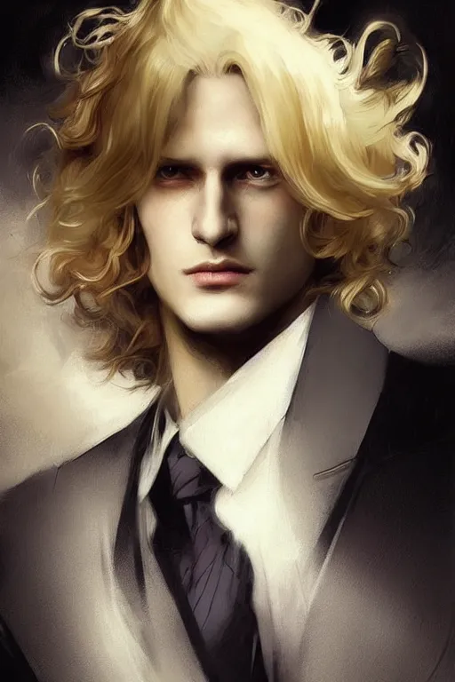 Prompt: johan liebert mixed with alucard picture by Greg Rutkowski, long fluffy blond curly hair, baroque curls, dynamic pose, matte painting, intricate, z brush, fantasy concept art, elegant, with a pot belly, by Stanley Artgerm Lau, WLOP, golden ratio, thomas kindkade, alphonse mucha, loish, Peter chung, norman Rockwell,