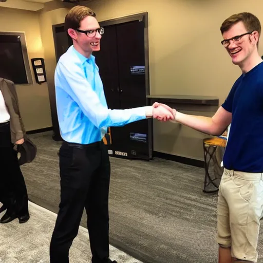 Image similar to scott the woz shakes hands with gigachad