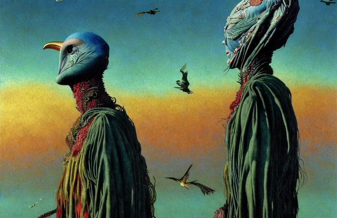 Image similar to realistic detailed portrait movie shot of a birdman wearing dark ragged robes, sci fi city sunset landscape background by denis villeneuve, amano, yves tanguy, alphonse mucha, ernst haeckel, max ernst, roger dean, masterpiece, rich moody colours, bird head, blue eyes