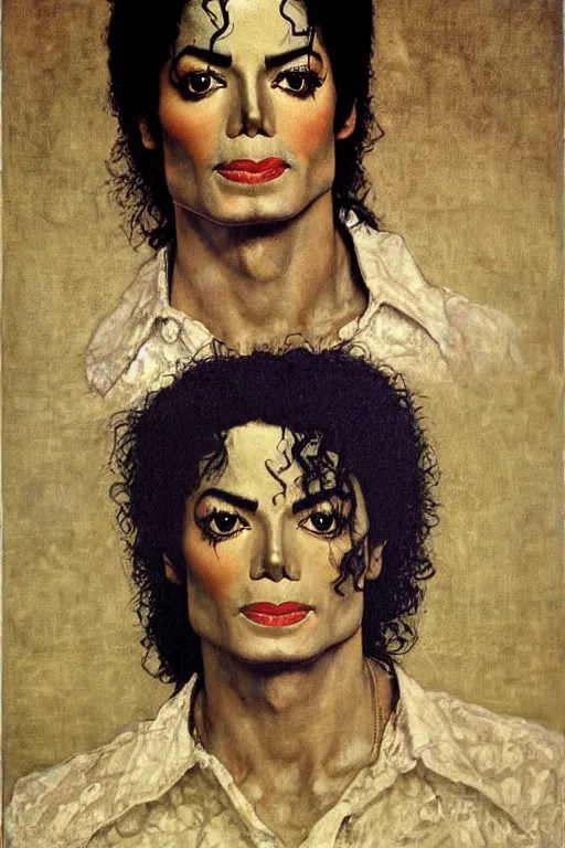 Image similar to a closer personal portrait of michael jackson with very piercing eyes, very charismatic. in the old ancient egypt. masterpiece, dark. painted by norman rockwell and james gurney