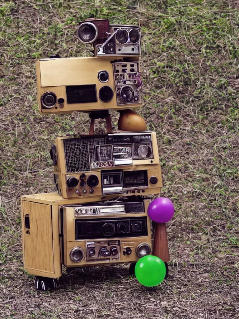 Prompt: an earth - tone robot with a ghettoblaster boombox for a head, wooden body, sleek, surreal, cool, retro, 1 9 9 0 s vibe, country road, one purple balloon